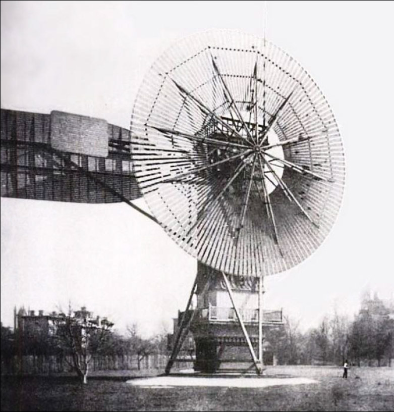 La première éolienne créée par Charles Brush : 18 mètres de haut, plus de 36 tonnes et une dynamo de 12 kilowatts