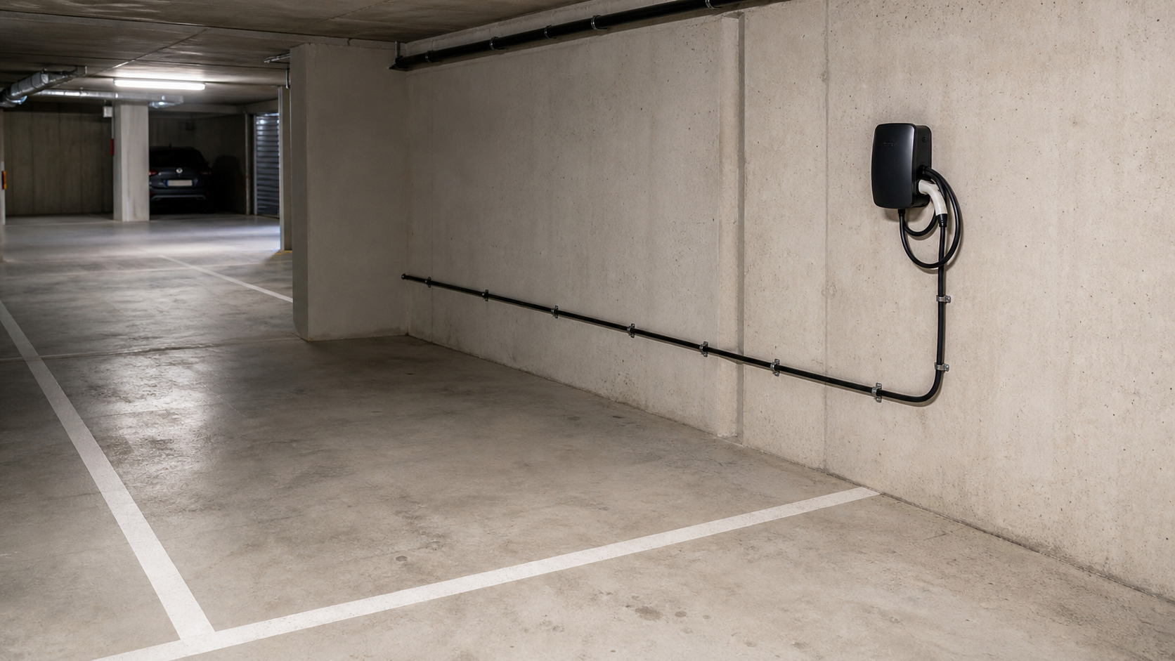 Place de parking en sous-sol avec câble de recharge fixé au mur