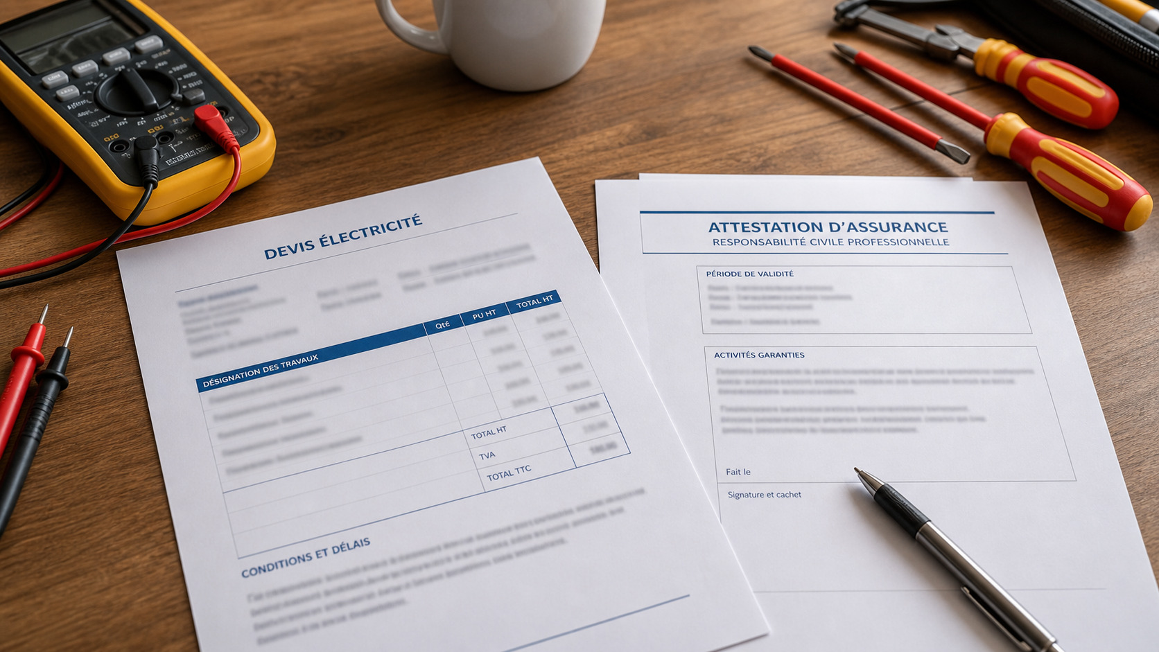 Devis d'électricien et attestation d'assurance posés sur un bureau