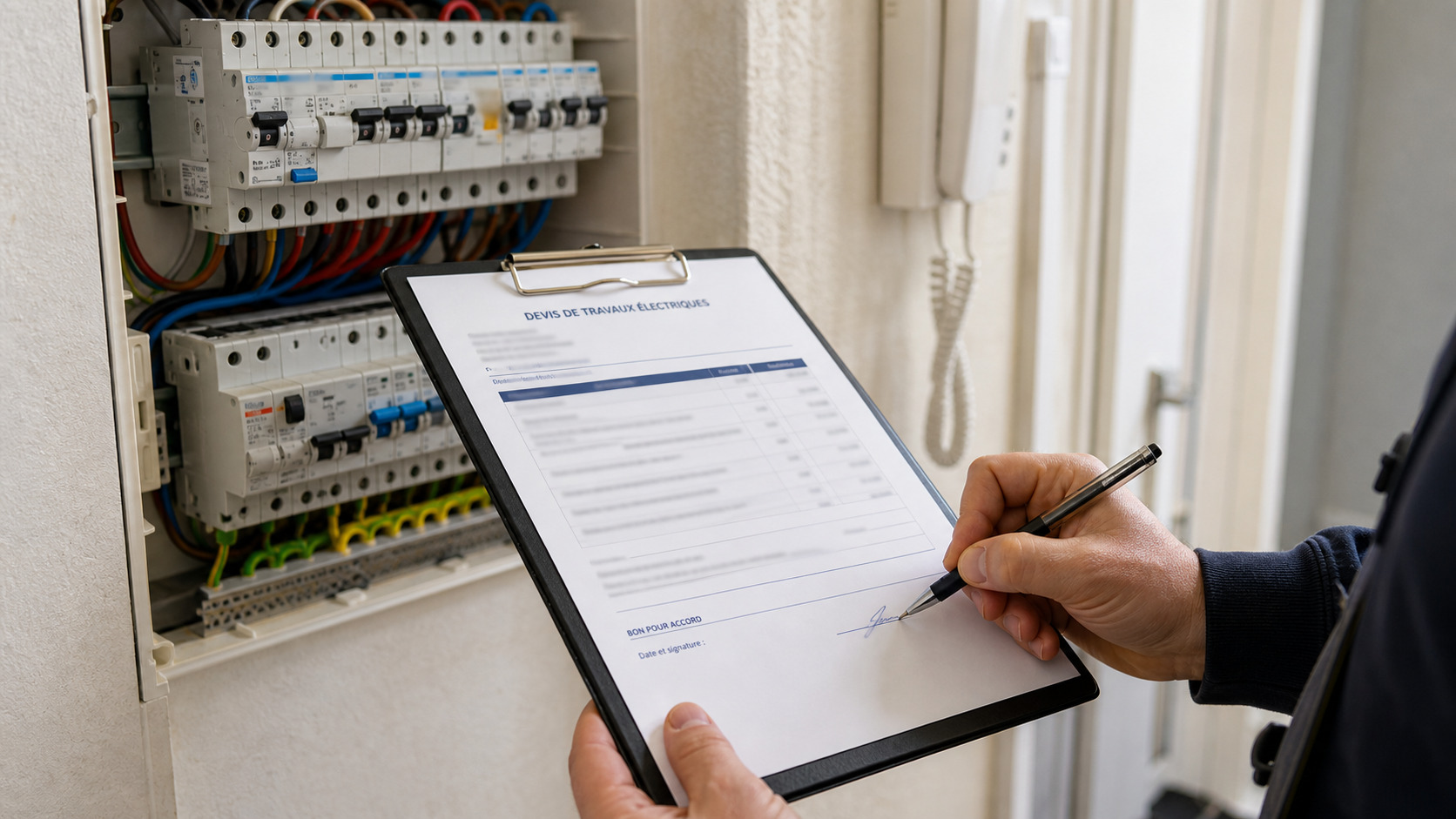 Devis de dépannage électrique signé près d'un tableau ouvert